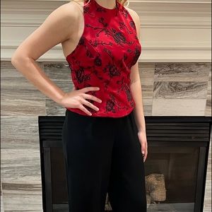 Cocktail attire red satin beaded halter top